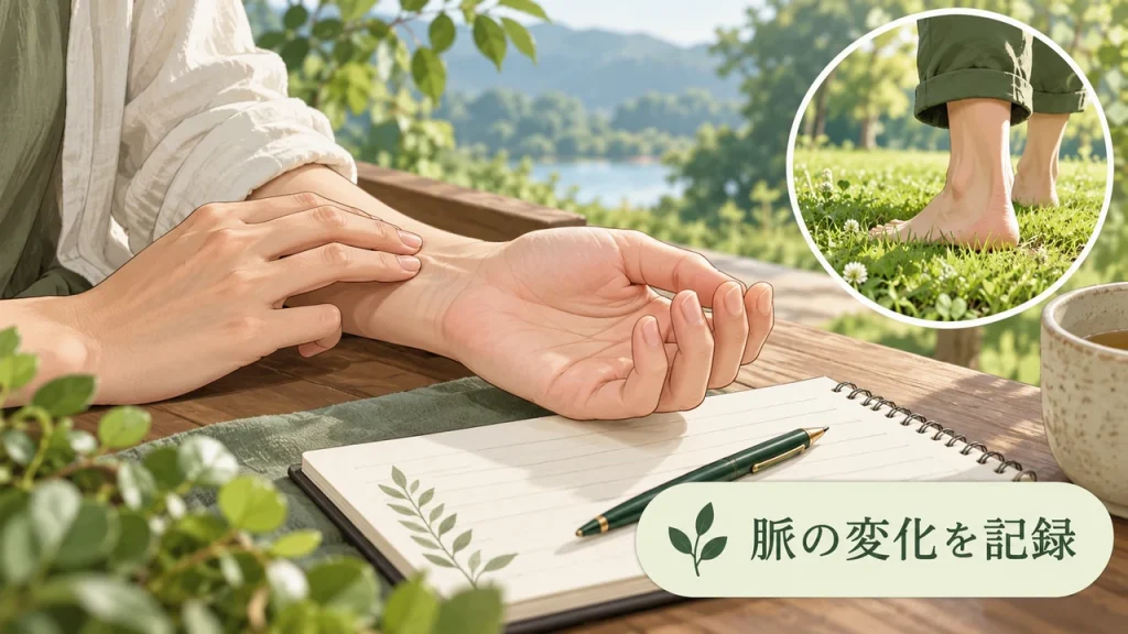 アーシング中の脈について寄せられた体験談のテーマを短いラベルで説明するAI生成イラスト