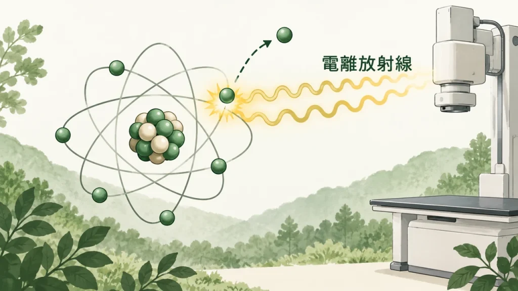 動画更新:電離放射線の謎を解き明かす - 科学で紐解く見えない世界のテーマを短いラベルで説明するAI生成イラスト