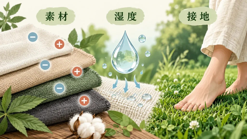 静電気と衣類の帯電｜素材・湿度・アーシングを組み合わせて考えるのテーマを短いラベルで説明するAI生成イラスト