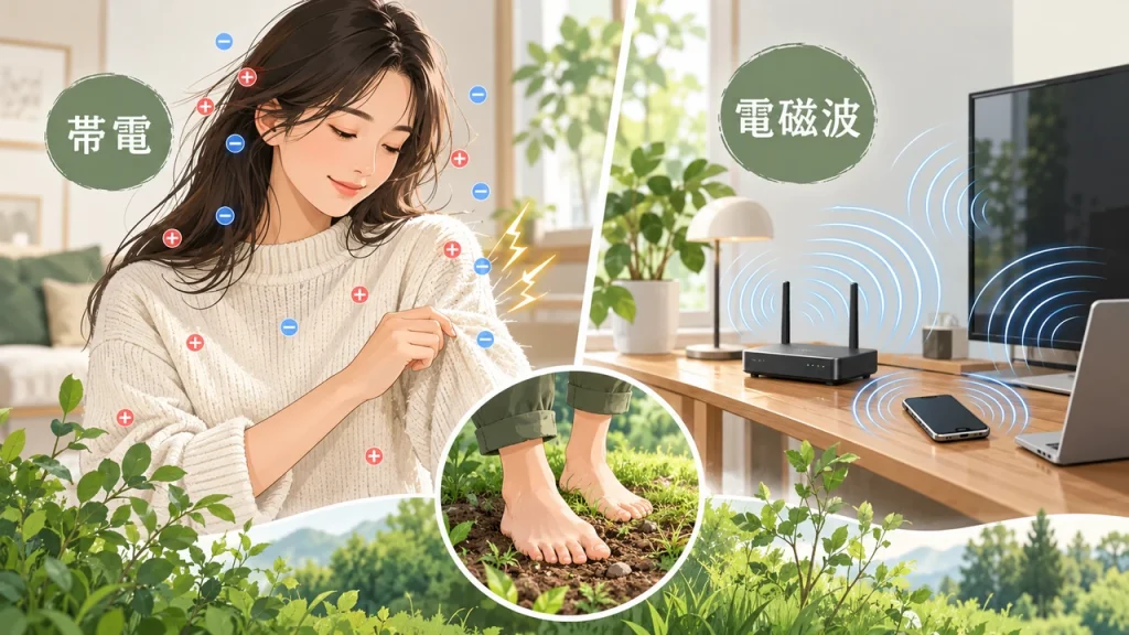 家電の電磁波は体に溜まる？帯電との違いとアーシングによる対策のテーマを短いラベルで説明するAI生成イラスト