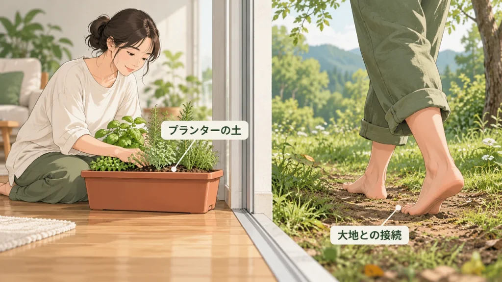 アーシングQ&A｜心地よさ・プランターの土・家電の電場対策のテーマを短いラベルで説明するAI生成イラスト