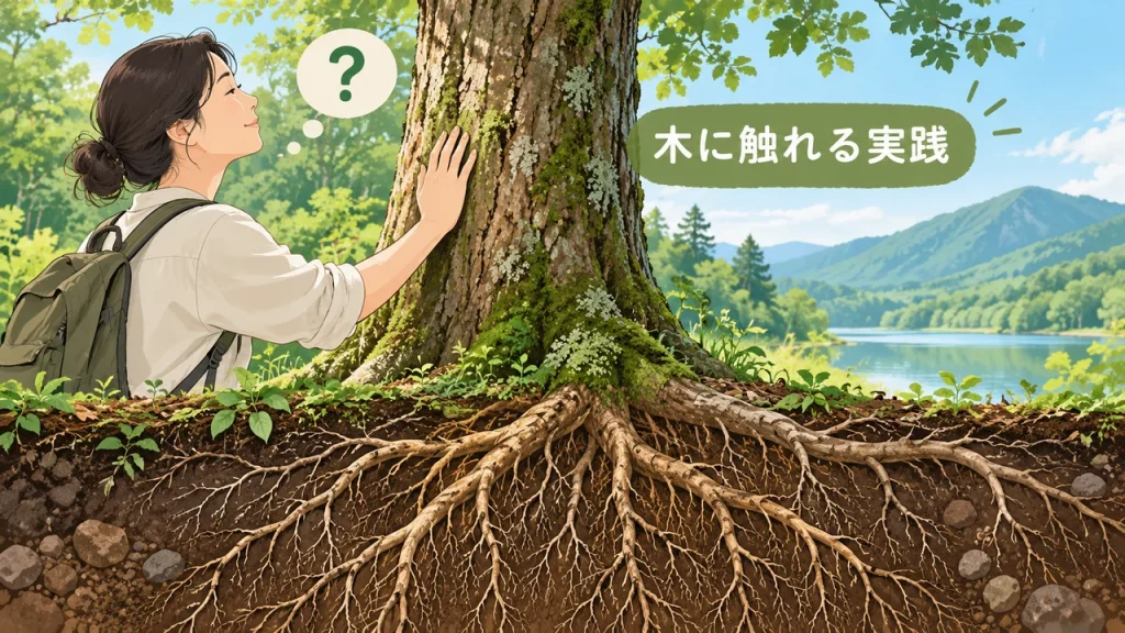 アーシングQ&A｜電磁波の蓄積・体重への影響・木に触れる実践のテーマを短いラベルで説明するAI生成イラスト