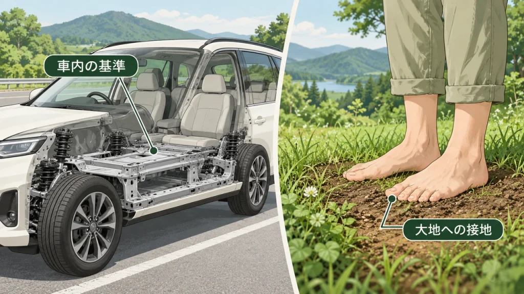 車のアースと人体のアーシング｜基準電位と大地への接続の違いのテーマを短いラベルで説明するAI生成イラスト