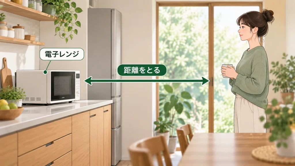 電子レンジの電磁波はどう対策する？漏洩・距離・アーシングの役割のテーマを短いラベルで説明するAI生成イラスト