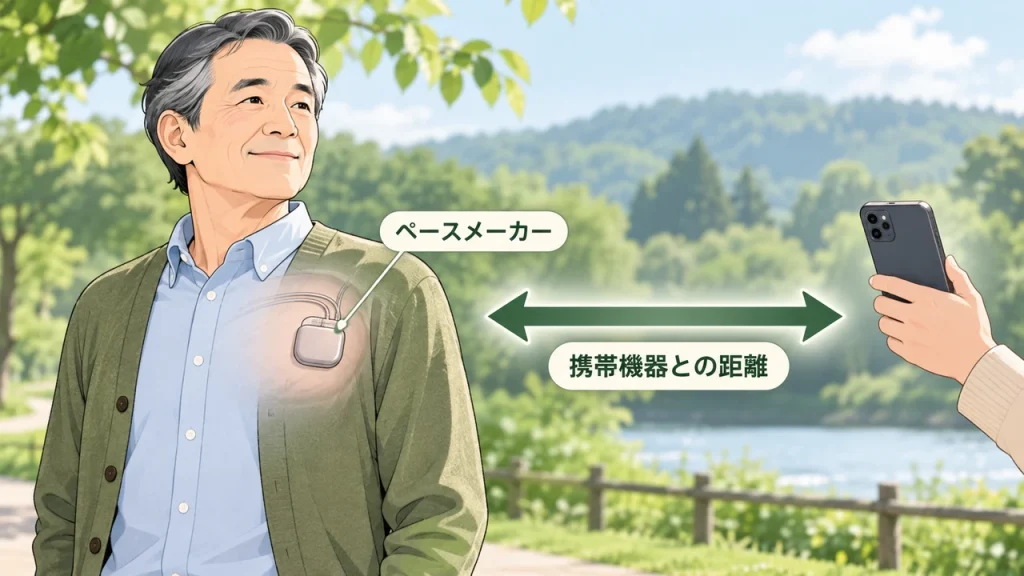 ペースメーカーと電磁波｜携帯機器との距離を確認するのテーマを短いラベルで説明するAI生成イラスト