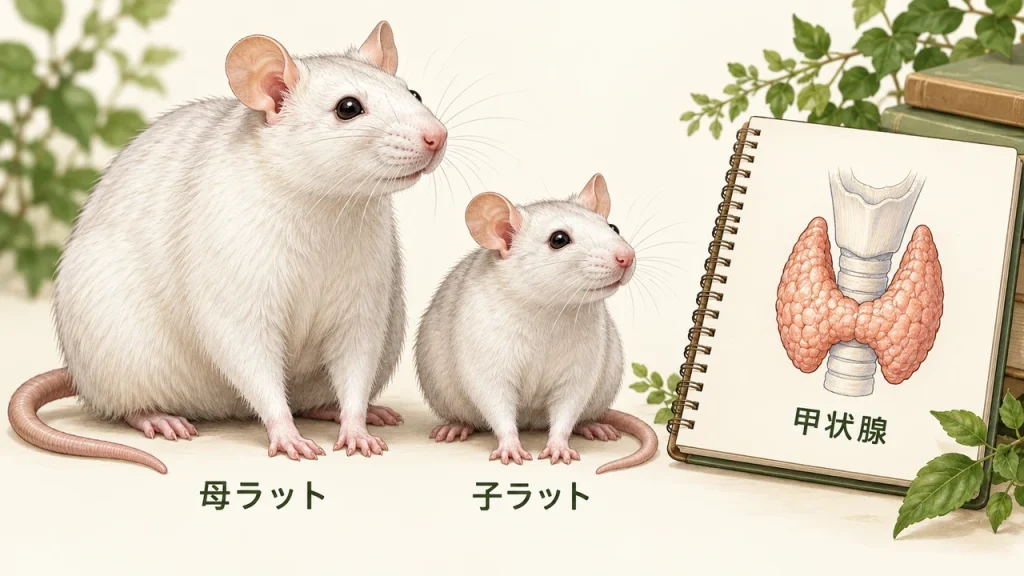 妊娠中の2.45GHz曝露と子ラットの甲状腺｜1年後を調べた研究のテーマを短いラベルで説明するAI生成イラスト