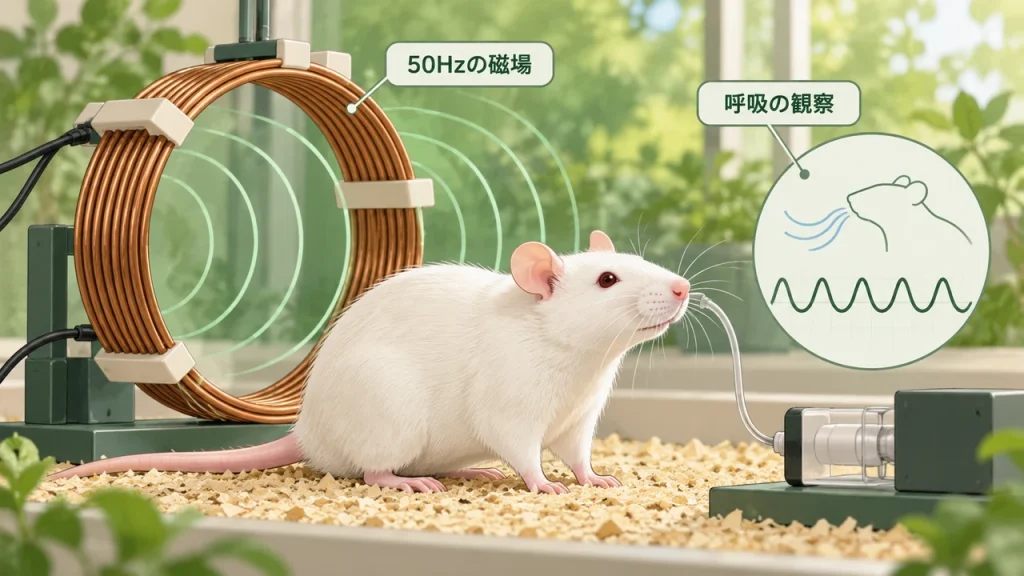 50Hzの磁場とラットの呼吸｜2分間の曝露を調べた研究のテーマを短いラベルで説明するAI生成イラスト