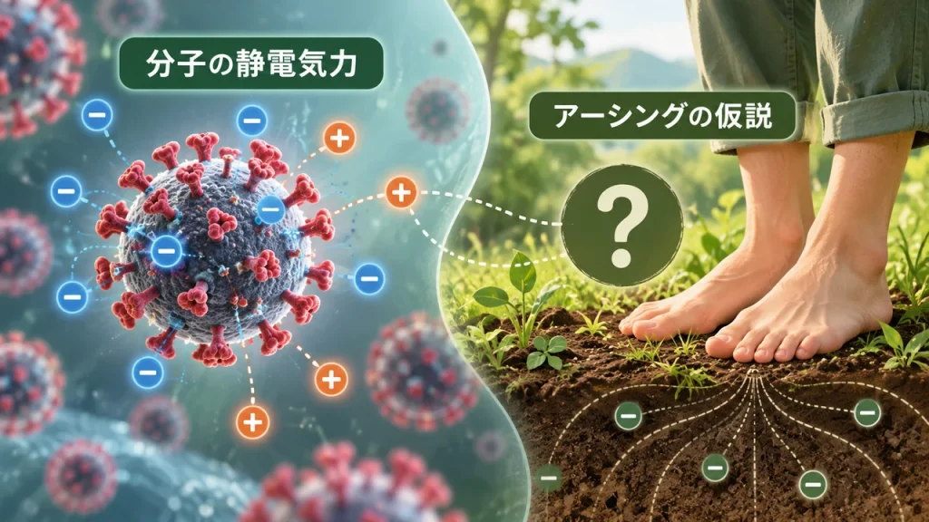 静電気力とウイルス研究|分子の相互作用とアーシングの仮説を分けるのテーマを短いラベルで説明するAI生成イラスト