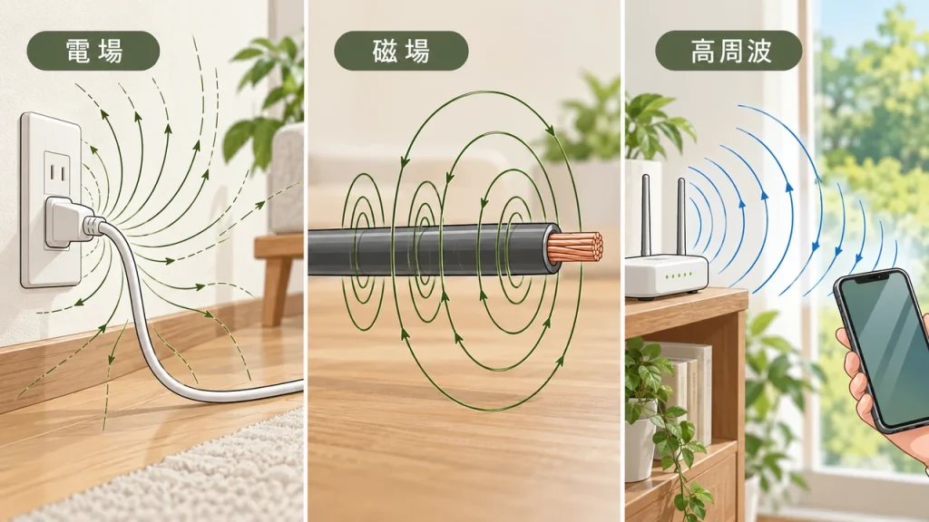 アーシングと電磁波対策の関係|電場・磁場・高周波の違いのテーマを短いラベルで説明するAI生成イラスト
