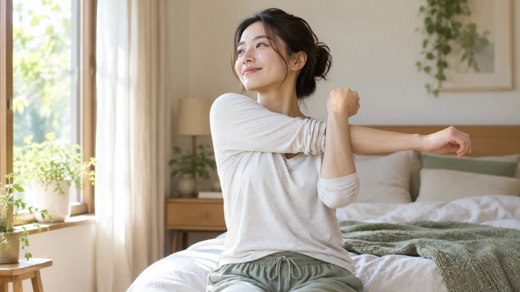 肩のこり・睡眠についてのアーシング体験動画をテーマにしたAI生成のイメージ写真