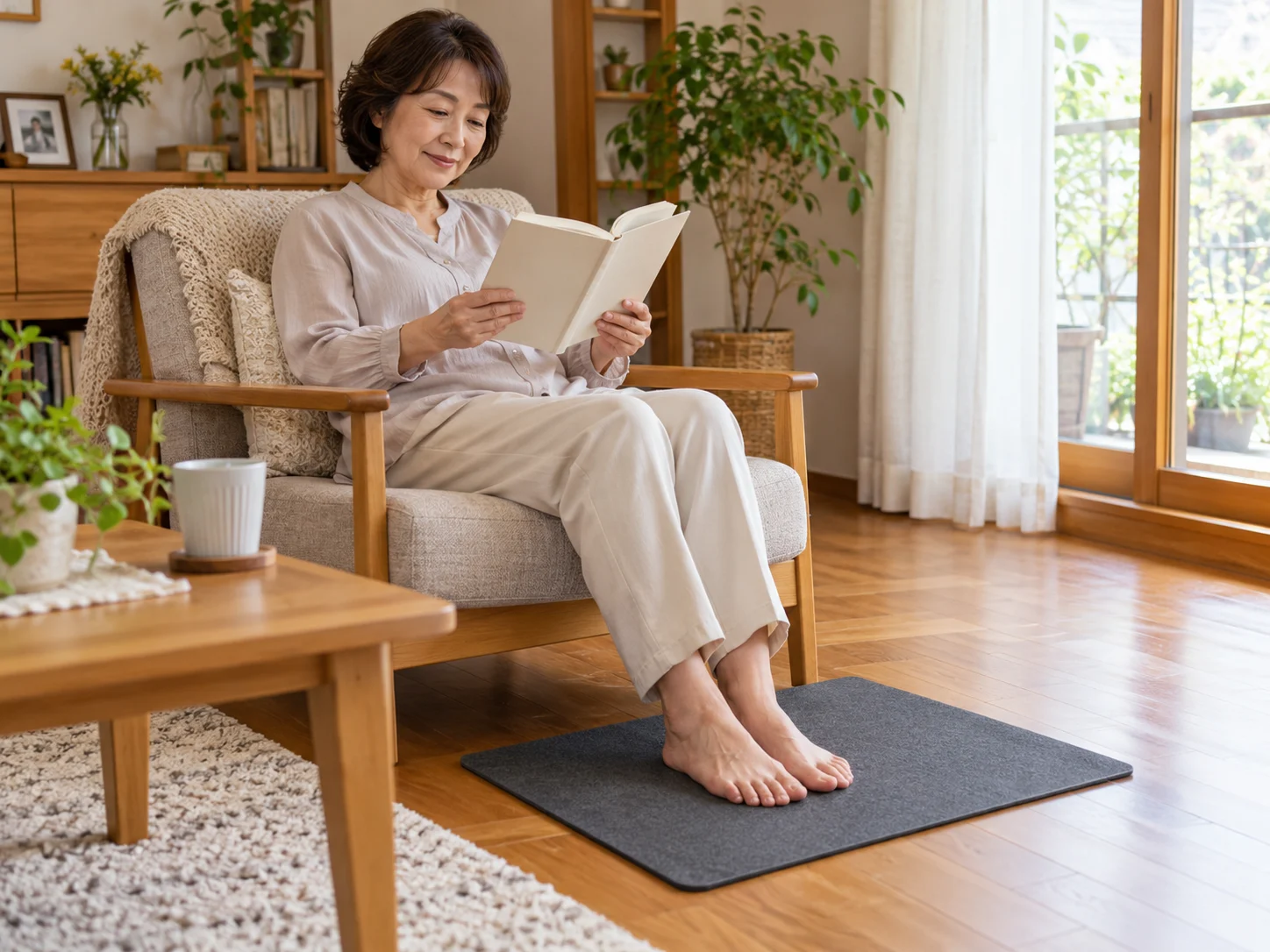 自宅で読書しながらアーシング用マットを使うセルフケアのイメージ