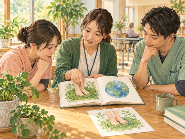 アーシングの基礎を職員が一緒に学ぶ場面のイラスト（AI生成）